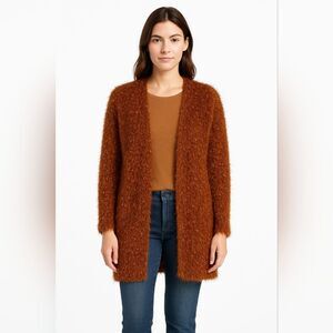 New Cozy Brown Copper Fuzzy Boho Open Front shaggy Soft duster knit Cardigan L